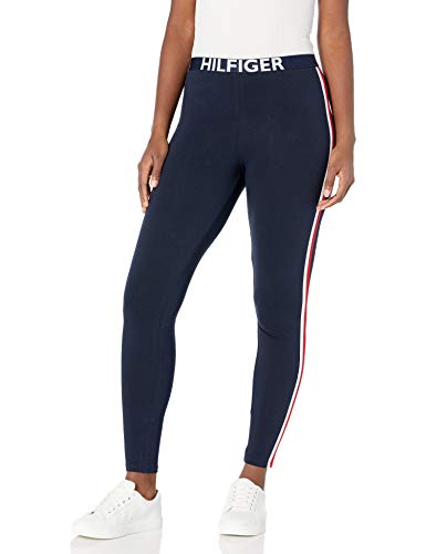 Tommy Hilfiger Women's Retro Style Hilfiger Logo Graphic Leggings Pant Lounge Pj, Navy Blazer Blue with Bright White/Apple red, Small