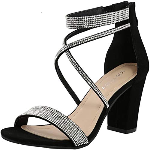 TOP Moda Women's Formal Rhinestone Chunky Block Heel Sandal Crisscross Strappy, Black, 8