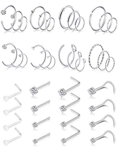 Tornito 20G 40Pcs Stainless Steel Nose Rings Nose Studs Set L-Shaped Bone Curved Nose Stud Piercing Helix Cartilage Tragus Hoop Rings Body Piercing Jewelry for Men and Women 6mm 8mm 10mm (A1S:40Pcs)