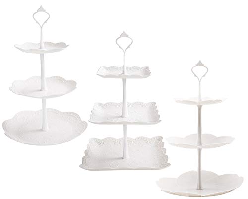 Tosnail 3 Pack 3 Tiers White Plastic Cupcake Stand Dessert Stand Tiered Serving Trays - Round, Square, Flower