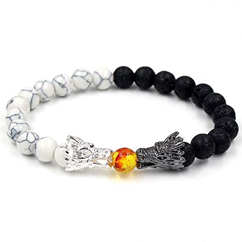 tqyzkh Bead Bracelets for Men and Women Natural Black Lava & White Howlite Buddha Dragon Beaded Stone Bracelet Good Luck Charm Jewelry Gift Adjustable