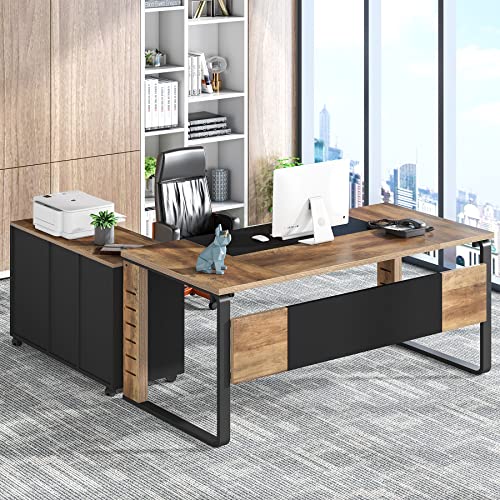 Tribesigns Large L-Shaped Computer Desk, 59 inch Executive Office Corner Desk Workstation Business Furniture with Letter Size File Cabinet for Home Office, Light Brown