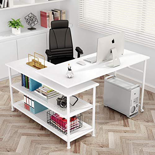 Tribesigns Modern L-Shaped Desk with Storage Shelves, 360°Rotating Desk Corner Computer Desk Study Writing Table Workstation with Open Shelves for Home Office, High Glossy Finish (White)