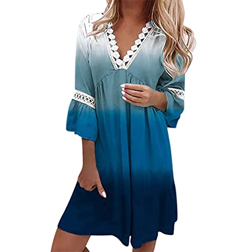 uikmnh Womens Tunic Dresses Baby Doll Dress Short Summer Ruffle Lace Casual Straight 3/4 Sleeve Bell Sleeve Loose Dress Blue - Ombre