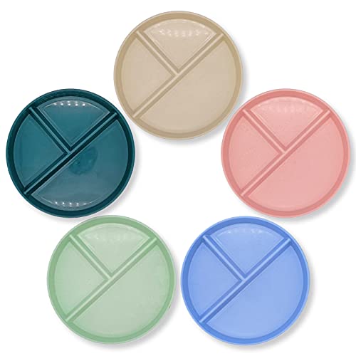 Unbreakable 9-Inch Wheat Plastic Round Gridded Dinner Plate Set Of 5 Sets (Divided Plate/Picnic Plate/Salad Plate), Dishwasher-Cleanable, Reusable, Bpa-Free, Colorful, Suitable For Children, Adults