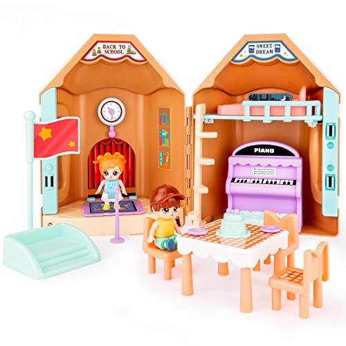 UNIH Doll House Playset, Girls Pretend Dollhouse School Set Portable Handheld and Accessories, Princess Dream House Toys for 2 3 4 5 6 7 Year Old Girls