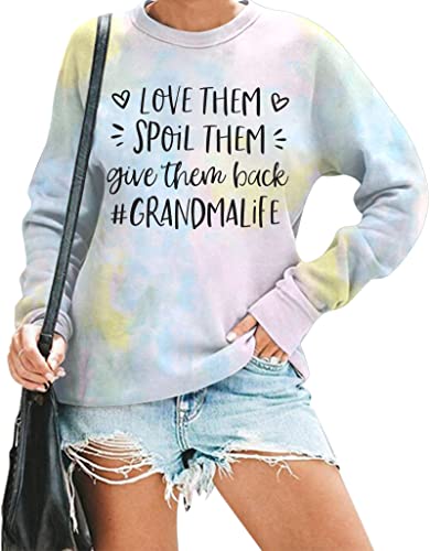 UNIQUEONE Grandma Life Sweatshirt For Women Grandma Shirt Gifts For Grandma Long Sleeve Casual Pullover Tees Tie Dye Pink Blue