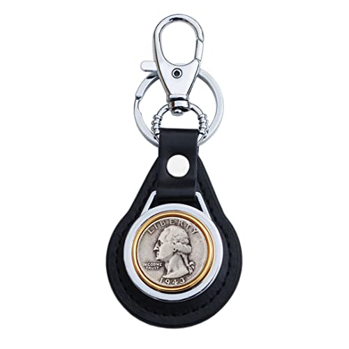 US 1943 Washington Quarter 90% Silver Coin Gold Silver Two Tone Leather Key Chain Ring NEW