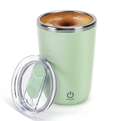 VAlinks Self Stirring Coffee Mug - Rechargeable Stainless Steel Auto Self Mixing Cup with Lid, 350ml/12oz Coffee Self Stirring Cup To Stir Coffee, Mixed Milk, Tea for Women Men Office Car Use, Green