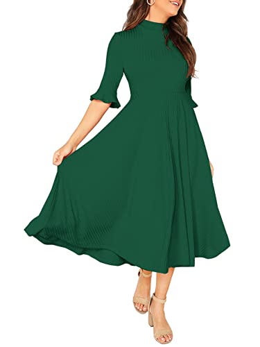 Verdusa Women's Elegant Ribbed Knit Bell Sleeve Fit and Flare Midi Dress Green L