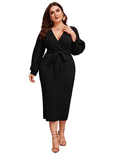 Verdusa Women's Plus Size V Neck Lantern Sleeve Midi Belted Bodycon Dress Black 2XL