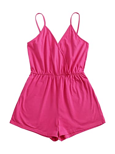 Verdusa Women's Solid Color Wrap Spaghetti Strap Romper Cami Jumpsuit Hot Pink M