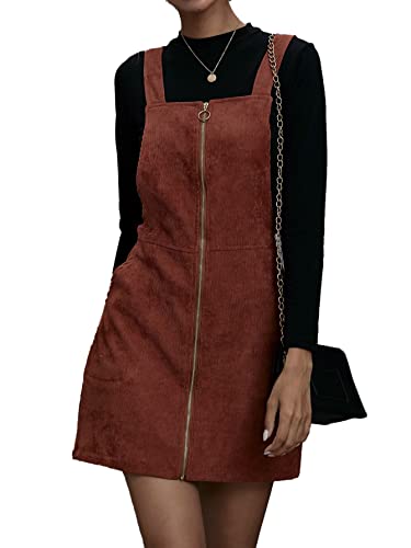 Verdusa Women's Zip Up Pocket Side A Line Corduroy Pinafore Overall Dress Rust Brown S