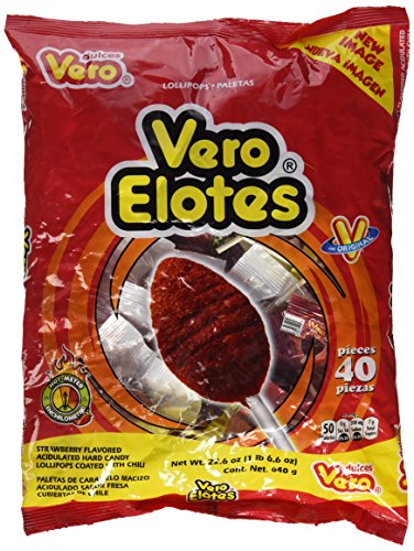 Vero Elotes Paletas Sabor Fresa Con Chile Mexican Hard Candy Chili Pops 40 Pcs