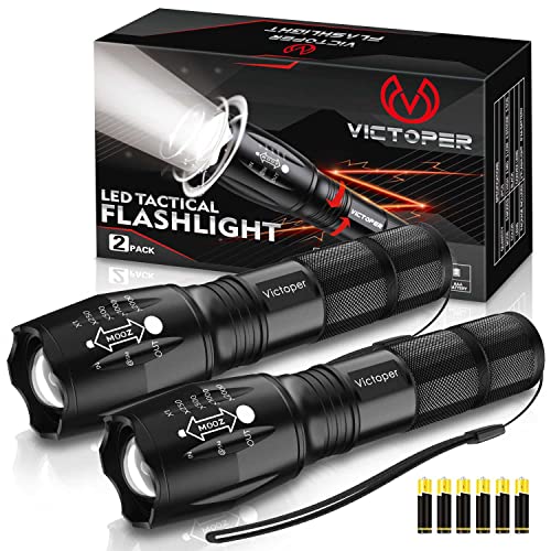 Victoper LED Flashlight 2 Pack, Bright 2000 Lumens Tactical Flashlights High Lumens with 5 Modes, Waterproof Focus Zoomable Flash Light, Portable Flashlight for Camping Hiking Outdoor Home Emergency