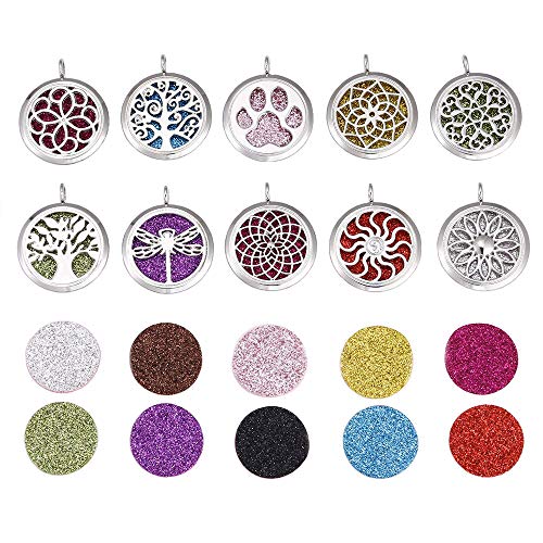 Vie Jeune 10pcs Mixed Aroma Diffuser Charms Stainless Steel Tone Perfume Essential Oil Diffuser Necklace Pendant Locket Jewelry (Style 5)