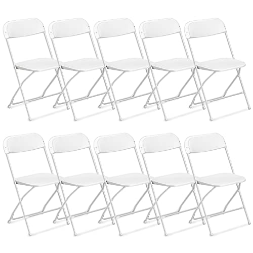 VINGLI 10 Pack White Plastic Folding Chair, Indoor Outdoor Portable Stackable Commercial Seat with Steel Frame 350lb. Capacity for Events Office Wedding Party Picnic Kitchen Dining