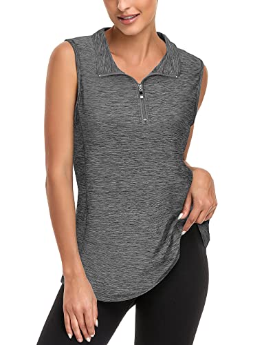 Viracy Tennis Shirts for Women, Women's Zip Up Golf Workout Tank Tops Sleeveless Quick Dry Athletic Polo Shirts Dark Grey X-Large