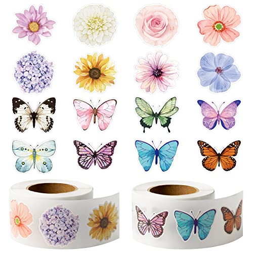 W1cwey 1000pcs Assorted Butterfly Flower Sticker Rolls(2 Rolls), 1.5 * 1 Inch 16 Design Colorful Butterfly Decals Decorative Flowers Cute Stickers Party Favor Decoration for Kids Luggage Scrapbook