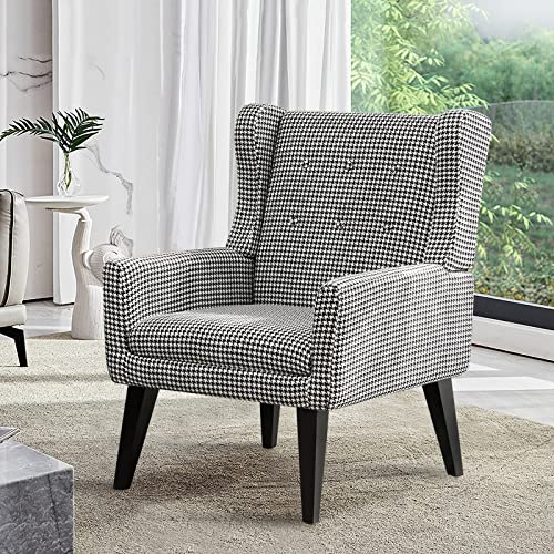 WACASA Button Tufted Wingback Fabric Accent Chairs Checkerboard Upholstered Mid Century Modern Arm Chairs for Bedroom, Living Room, Black and White Plaid