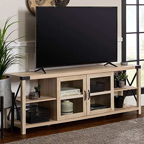 Walker Edison Rustic Modern Farmhouse Metal and Wood TV Stand for TV's up to 80" Universal TV Stand for Flat Screen Living Room Storage Cabinets and Shelves Entertainment Center, 70 Inch, White Oak