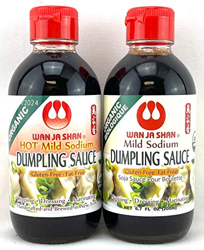 Wan Ja Shan Organic Dumpling Sauce 6.7 Oz ,GLUTEN FREE, FAT FREE, MILD SODIUM Great for Dumpling Dipping-Gyoza Dipping, MADE IN USA , Hot & Regular Variety Pack of 2