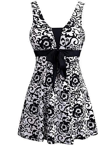 Wantdo Women's Summer Style Swimwear Swimsuit Tankini Over Size Big Bust Dress Black Porcelain US 26W-28W