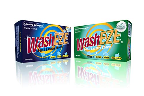 WashEZE 3 in 1 Laundry Detergent Sheets 10 Count No Scent Portable Individual Packages For Easy Travel Space Saving - All In One Sheet Detergent, Stain Fighter, Fabric Softener, and Static Guard!