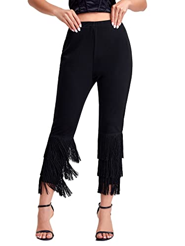 WDIRARA Women's Casual Tassels Fringe Long Pants Slim Leg Elastic High Waist Pull On Pants Black M