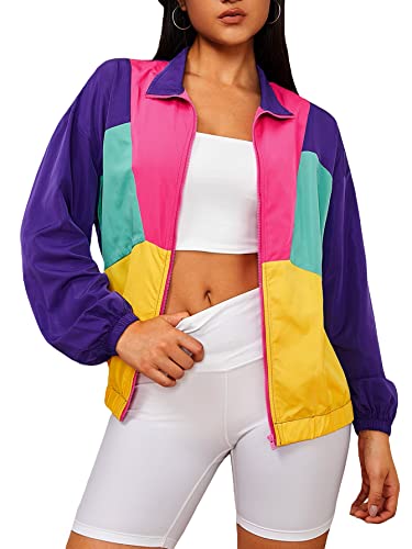 WDIRARA Women's Color Block Zipper Front Long Sleeve Sporty Windbreaker Jacket Multicolor XS