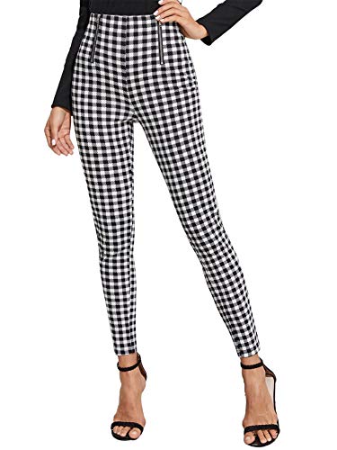 WDIRARA Women's Plaid Zip Front Skinny Pants Stretchy Work Gingham Leggings Black and White M