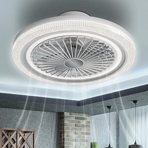 WEETOR 18 W, 6 Speed Ceiling Fan with Lights Led 45W and Timer, Ceiling Light Flush Mount Compact Design with Quiet Fan, Reversible Enclosed Ceiling Fan with Light - Brightness/Color Adjustment