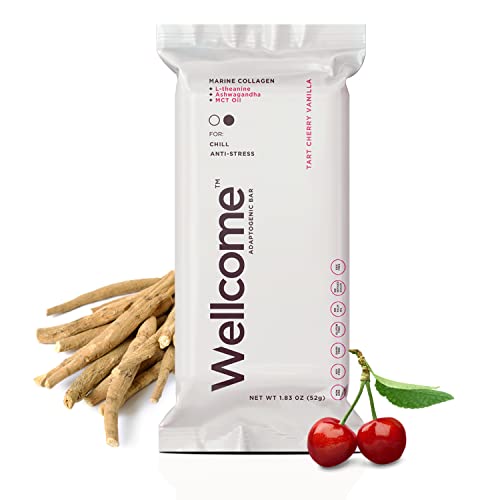 Wellcome Tart Cherry Vanilla Marine Collagen Protein Bar - Health Bar with MCT Oil, Ashwagandha and L-Theanine - Adaptogenic Healthy Snack Bar for Functional Active Lifestyle (Pack of 12)