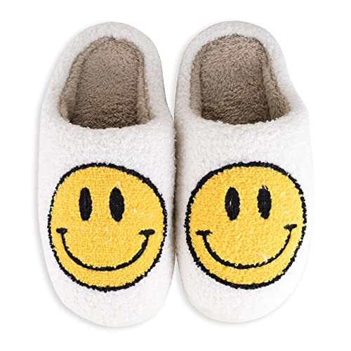 WELLNESSICA Happy Face Slippers Soft Plush Comfy Warm Faux Fur with Memory Foam, Preppy Winter Slides Non-Slip Flat Smile Face House Slippers for Women, Men & Kids (White & Yellow, us_footwear_size_system, adult, women, numeric, wide, numeric_9_point_5)