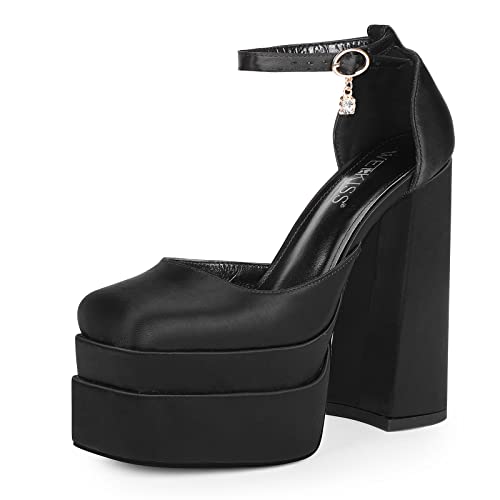 wetkiss Platform Chunky Heels for Women Platform Chunky Pumps Ankle Strap High Heel Pumps Black Platform Heels Ankle Strap Platform Heels Black Satin Heels for Women