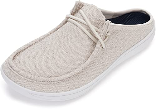 WHITIN Men's Extra Wide Width Barefoot Slippers Slip-on Canvas Minimalist Clogs Shoes Mules Sneakers Size 10.5-11 Zero Drop Stretch Sox Casual Winter Outdoor Walking Moccasin Beige 44