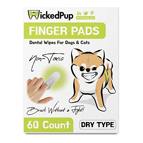 WICKEDPUP Teeth Cleaning Finger Pads for Dogs & Cats, 60 Count, Non-Moistened Dry Type | Disposable Pet Dental Cleaning Finger Wipes for Puppies & Kittens | Oral Hygiene Tartar & Plaque Remover