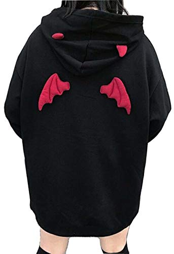 Wielsscca Womens Devil Wing Hoodie Long Sleeve Horn Gothic Sweatshirt Goth Alt Hoodies Pullover Tops M, Black