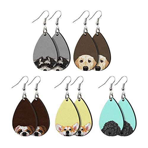 WIRESTER 5 Pairs Waterdrop Pendant Earrings Drop Dangle Earrings Fashion Jewelry Accessories For Girl Women - Schnauzer, English Bulldog, Labrador Retriever, Pembroke Welsh Corgi, Toy Poodle Dogs