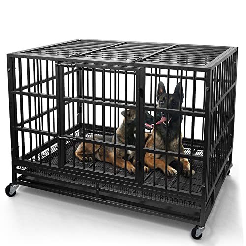 WOKEEN 48 Inch Heavy Duty Dog Crate Cage Kennel with Wheels, High Anxiety Indestructible Dog Crate, Sturdy Locks Design, Double Door and Removable Tray Design, Extra Large XL XXL Dog Crate.