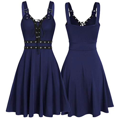 Women Gothic Dress Plus Size Cool Punk Style Solid Color Bandage Irregular Hem Sleeveless Camisole A-Line Spaghetti Strap Swing Pleated Mini Dress Halloween Cosplay Party Costume (S, Dark Blue)