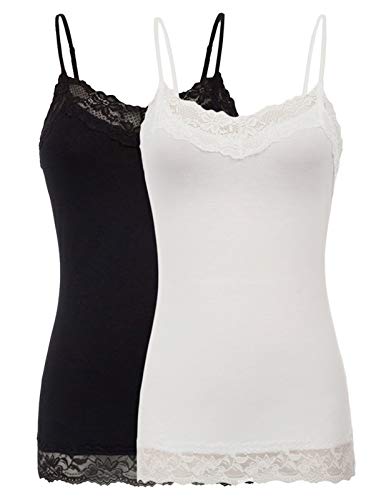 Women's Adjustable Spaghetti Strap Lace Trim Cami Tunic Tank Top (S,2 Pack Black and White)