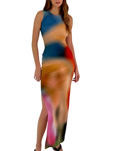 Women's Casual Tie-Dye Bodycon Maxi Dress Sleeveless Tank Wrap Split Beach Party Long Dresses (Navy Blue,S)