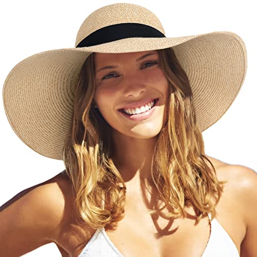 Womens Sun Straw Hat Wide Brim UPF 50 Summer Hat Foldable Roll up Floppy Beach Hats for Women