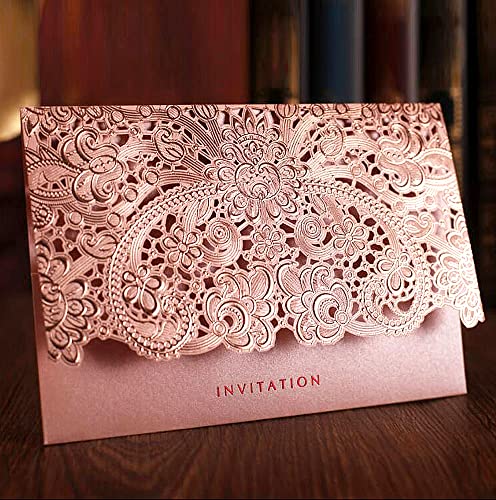 WOMHOPE 50 Pcs Invitations with White Envelopes Elegance Lace Emboss Hollow Engagement Wedding Invitation Party Birthday Bridal Shower Card (Pink)