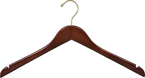 Wood Top Hanger, Box of 50 Space Saving 17 Inch Flat Wooden Hangers w/ Walnut Finish & Brass Swivel Hook & Notches for Shirt Jacket or Dress by The Great American Hanger Company