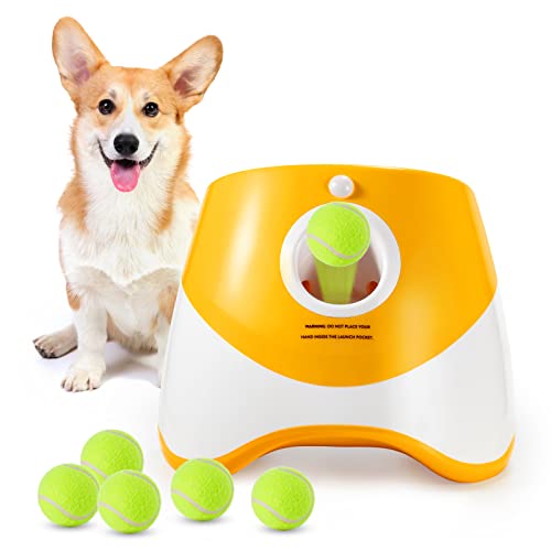 WookYumy Automatic Dog Ball Launcher, Dog Ball Thrower with 3 Launching Distance, Interactive Dog Toys for Small & Medium Dogs Indoor & Outdoor, 6 Mini Tennis Balls (2 inch) Included, Orange Color