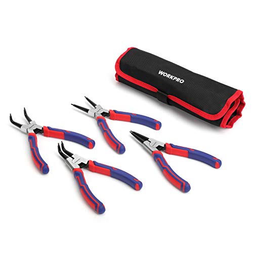 WORKPRO 4-Piece Snap Ring Pliers Set - Heavy Duty 7-inch Internal/External Circlip Pliers Kit (Tip Diameter 5/64'')-Straight/Bent Jaw - Cr-V Steel - For Ring Remover Retaining- Storage Pouch Included