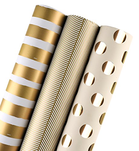 WRAPAHOLIC Wrapping Paper Roll - Gold Print for Birthday, Holiday, Wedding, Baby Shower Packing - 3 Rolls - 30 inch X 120 inch Per Roll