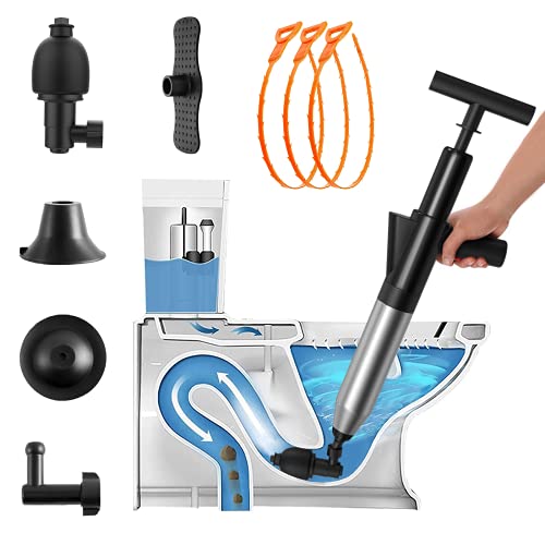 WUOAUM Toilet Plunger, Air Drain Blaster Kit, Clog Remover with 4 Replaceable Heads & Visual Barometer, High Pressure Air Toilet Unclogger Plumbing Tools for Clogged Toilet Sink Sewer Pipe Dredge